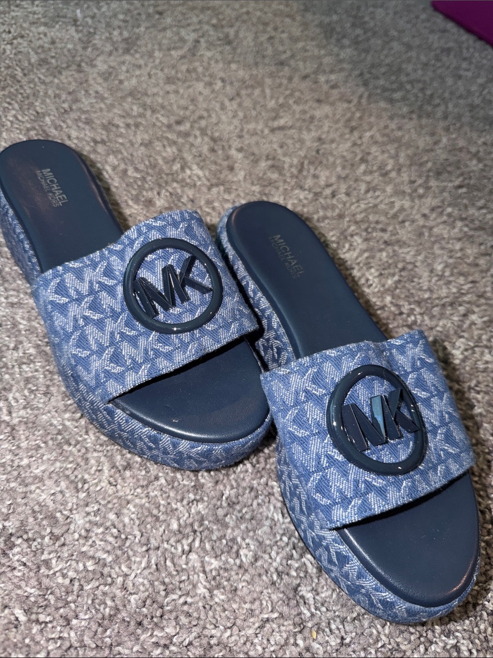 Michael Kors Denim Blue MK Logo Slide Sandals